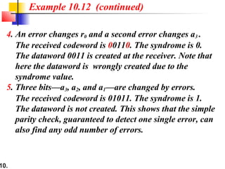 10.
4. An error changes r0 and a second error changes a3 .
The received codeword is 00110. The syndrome is 0.
The dataword 0011 is created at the receiver. Note that
here the dataword is wrongly created due to the
syndrome value.
5. Three bits—a3, a2, and a1—are changed by errors.
The received codeword is 01011. The syndrome is 1.
The dataword is not created. This shows that the simple
parity check, guaranteed to detect one single error, can
also find any odd number of errors.
Example 10.12 (continued)
 