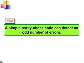 10.
A simple parity-check code can detect an
odd number of errors.
Note
 