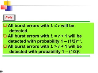 10.
❏ All burst errors with L ≤ r will be
detected.
❏ All burst errors with L = r + 1 will be
detected with probability 1 – (1/2)r–1
.
❏ All burst errors with L > r + 1 will be
detected with probability 1 – (1/2)r
.
Note
 
