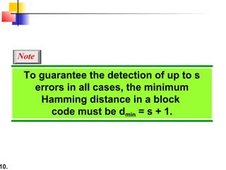 10.
To guarantee the detection of up to s
errors in all cases, the minimum
Hamming distance in a block
code must be dmin = s + 1.
Note
 