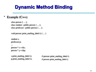 6
6
Dynamic Method Binding
Dynamic Method Binding
• Example (C++):
Example (C++):
class person { ... };
class person { ... };
class student : public person { ... };
class student : public person { ... };
class professor : public person { ... };
class professor : public person { ... };
void person::print_mailing_label () { ... }
void person::print_mailing_label () { ... }
student s;
student s;
professor p;
professor p;
...
...
person * x = &s;
person * x = &s;
person * y = &p;
person * y = &p;
s.print_mailing_label ();
s.print_mailing_label ();
p.print_mailing_label ();
p.print_mailing_label ();
// person::print_mailing_label ()
// person::print_mailing_label ()
// person::print_mailing_label ()
// person::print_mailing_label ()
 