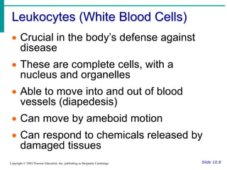 Leukocytes (White Blood Cells)
Slide 10.8
Copyright © 2003 Pearson Education, Inc. publishing as Benjamin Cummings
 Crucial in the body’s defense against
disease
 These are complete cells, with a
nucleus and organelles
 Able to move into and out of blood
vessels (diapedesis)
 Can move by ameboid motion
 Can respond to chemicals released by
damaged tissues
 