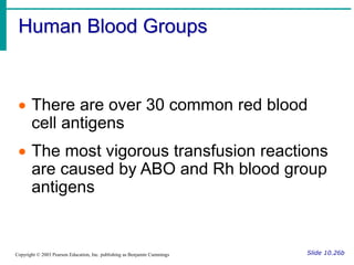 Human Blood Groups
Slide 10.26b
Copyright © 2003 Pearson Education, Inc. publishing as Benjamin Cummings
 There are over 30 common red blood
cell antigens
 The most vigorous transfusion reactions
are caused by ABO and Rh blood group
antigens
 