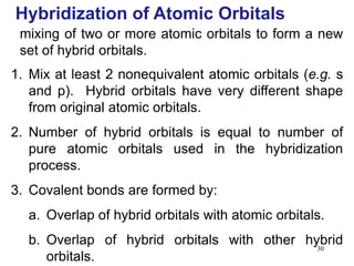 30
mixing of two or more atomic orbitals to form a new
set of hybrid orbitals.
1. Mix at least 2 nonequivalent atomic orbitals (e.g. s
and p). Hybrid orbitals have very different shape
from original atomic orbitals.
2. Number of hybrid orbitals is equal to number of
pure atomic orbitals used in the hybridization
process.
3. Covalent bonds are formed by:
a. Overlap of hybrid orbitals with atomic orbitals.
b. Overlap of hybrid orbitals with other hybrid
orbitals.
Hybridization of Atomic Orbitals
 