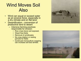 Wind Moves Soil Also Wind can equal or exceed water as an erosive force, especially in a dry climate and on flat land. Desertification - conversion of productive land to desert Intensive farming practices responsible for erosion: Row crops leave soil exposed. Weed free-fields Removal of windbreaks No crop-rotation or resting periods for fields Continued monoculture cropping can increase soil loss tenfold. 