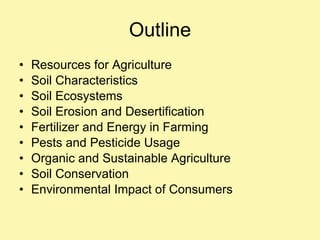 Outline Resources for Agriculture Soil Characteristics Soil Ecosystems Soil Erosion and Desertification Fertilizer and Energy in Farming Pests and Pesticide Usage Organic and Sustainable Agriculture Soil Conservation Environmental Impact of Consumers 