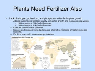 Plants Need Fertilizer Also Lack of nitrogen, potassium, and phosphorus often limits plant growth. Adding nutrients via fertilizer usually stimulates growth and increases crop yields. 1950 - average of 20 kg/ha fertilizer used 1990 - average of 91 kg/ha fertilizer used Overuse causes water pollution. Manure and nitrogen-fixing bacteria are alternative methods of replenishing soil nutrients. Fertilizer use could increase crops in Africa. 