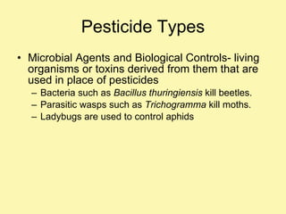 Pesticide Types Microbial Agents and Biological Controls- living organisms or toxins derived from them that are used in place of pesticides Bacteria such as  Bacillus thuringiensis  kill beetles. Parasitic wasps such as  Trichogramma  kill moths. Ladybugs are used to control aphids 
