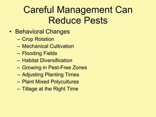 Careful Management Can Reduce Pests Behavioral Changes Crop Rotation Mechanical Cultivation Flooding Fields Habitat Diversification Growing in Pest-Free Zones Adjusting Planting Times Plant Mixed Polycultures Tillage at the Right Time 