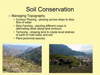 Soil Conservation Managing Topography Contour Plowing - plowing across slope to slow flow of water Strip Farming - planting different crops in alternating strips along land contours Terracing - shaping land to create level shelves of earth to hold water and soil Plant perennial species. 
