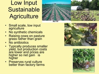Low Input Sustainable Agriculture Small scale, low input agriculture No synthetic chemicals Raising cows on pasture grass rather than grain No antibiotics Typically produces smaller yield, but production costs are lower and prices are higher so net gain  is higher Preserves rural culture better than factory farms 