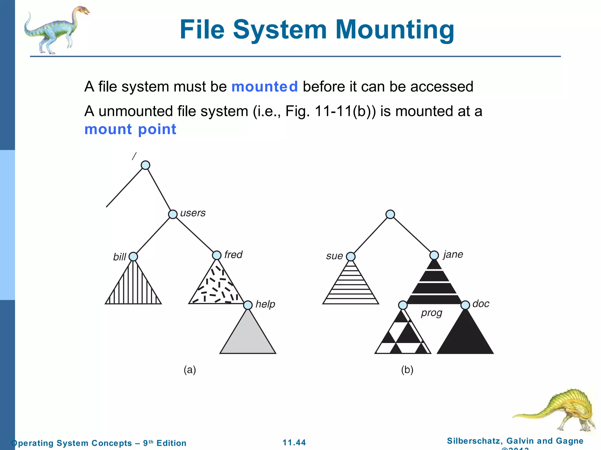 11.44 Silberschatz, Galvin and GagneOperating System Concepts – 9th
Edition
File System Mounting
A file system must be mounted before it can be accessed
A unmounted file system (i.e., Fig. 11-11(b)) is mounted at a
mount point
 