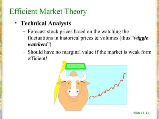 Efficient Market Theory
 • Technical Analysts
   – Forecast stock prices based on the watching the
     fluctuations in historical prices & volumes (thus “wiggle
     watchers”)
     watchers
   – Should have no marginal value if the market is weak form
     efficient!




                                                     Slide 10–21
 
