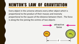NEWTON’S LAW OF GRAVITATION
Every object in the universe attracts every other object which is
proportional to the product of their masses and inversely
proportional to the square of the distance between them . The force
is along the line joining the centres of two objects
 