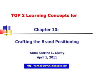 TOP 2 Learning Concepts for Chapter 10:  Crafting the Brand Positioning Anna Katrina L. Guray April 1, 2011 http://annaguray06.blogspot.com 