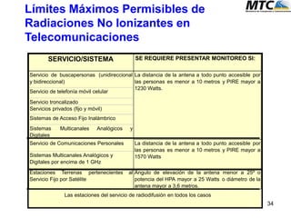 PUCP - TEL236 34
SERVICIO/SISTEMA SE REQUIERE PRESENTAR MONITOREO SI:
Servicio de buscapersonas (unidireccional
y bidireccional)
Servicio de telefonía móvil celular
Servicio troncalizado
Servicios privados (fijo y móvil)
Sistemas de Acceso Fijo Inalámbrico
Sistemas Multicanales Analógicos y
Digitales
Servicio de Comunicaciones Personales
Sistemas Multicanales Analógicos y
Digitales por encima de 1 GHz
Estaciones Terrenas pertenecientes al
Servicio Fijo por Satélite
Angulo de elevación de la antena menor a 25º o
potencia del HPA mayor a 25 Watts o diámetro de la
antena mayor a 3,6 metros.
La distancia de la antena a todo punto accesible por
las personas es menor a 10 metros y PIRE mayor a
1230 Watts.
La distancia de la antena a todo punto accesible por
las personas es menor a 10 metros y PIRE mayor a
1570 Watts
Las estaciones del servicio de radiodifusión en todos los casos
Límites Máximos Permisibles de
Radiaciones No Ionizantes en
Telecomunicaciones
 