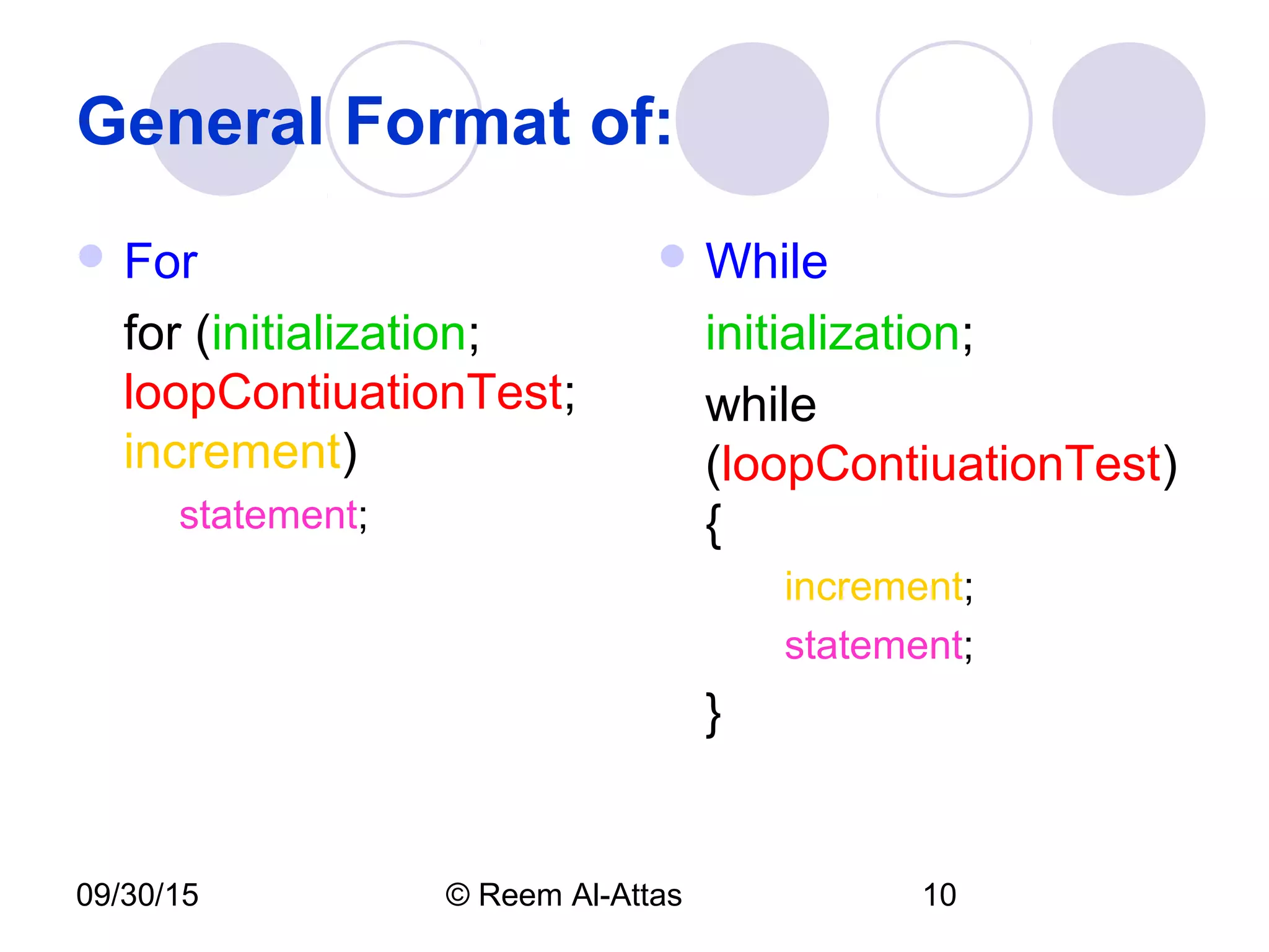 09/30/15 © Reem Al-Attas 10
General Format of:
 For
for (initialization;
loopContiuationTest;
increment)
statement;
 While
initialization;
while
(loopContiuationTest)
{
increment;
statement;
}
 