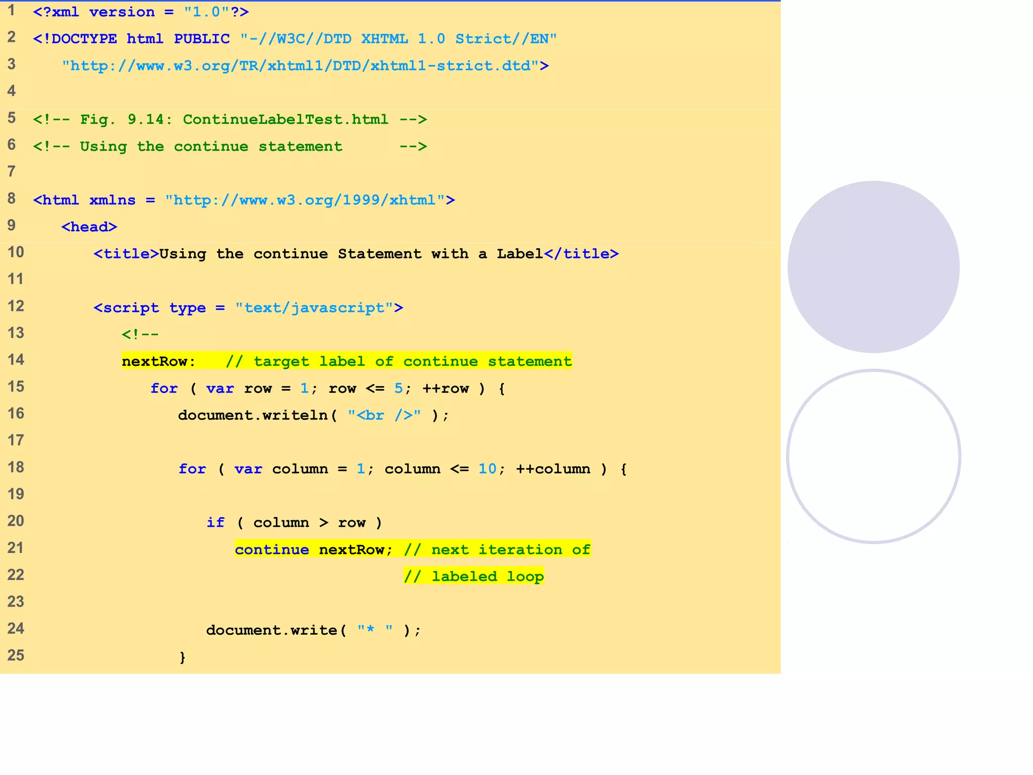1 <?xml version = "1.0"?>
2 <!DOCTYPE html PUBLIC "-//W3C//DTD XHTML 1.0 Strict//EN"
3 "http://www.w3.org/TR/xhtml1/DTD/xhtml1-strict.dtd">
4
5 <!-- Fig. 9.14: ContinueLabelTest.html -->
6 <!-- Using the continue statement -->
7
8 <html xmlns = "http://www.w3.org/1999/xhtml">
9 <head>
10 <title>Using the continue Statement with a Label</title>
11
12 <script type = "text/javascript">
13 <!--
14 nextRow: // target label of continue statement
15 for ( var row = 1; row <= 5; ++row ) {
16 document.writeln( "<br />" );
17
18 for ( var column = 1; column <= 10; ++column ) {
19
20 if ( column > row )
21 continue nextRow; // next iteration of
22 // labeled loop
23
24 document.write( "* " );
25 }
 