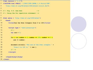 Sum.html
(1 of 1)
1 <?xml version = "1.0"?>
2 <!DOCTYPE html PUBLIC "-//W3C//DTD XHTML 1.0 Strict//EN"
3 "http://www.w3.org/TR/xhtml1/DTD/xhtml1-strict.dtd">
4
5 <!-- Fig. 9.5: Sum.html -->
6 <!-- Using the for repetition statement -->
7
8 <html xmlns = "http://www.w3.org/1999/xhtml">
9 <head>
10 <title>Sum the Even Integers from 2 to 100</title>
11
12 <script type = "text/javascript">
13 <!--
14 var sum = 0;
15
16 for ( var number = 2; number <= 100; number += 2 )
17 sum += number;
18
19 document.writeln( "The sum of the even integers " +
20 "from 2 to 100 is " + sum );
21 // -->
22 </script>
23
24 </head><body></body>
25 </html>
 