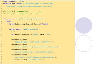 Interest.html
(1 of 2)
1 <?xml version = "1.0"?>
2 <!DOCTYPE html PUBLIC "-//W3C//DTD XHTML 1.0 Strict//EN"
3 "http://www.w3.org/TR/xhtml1/DTD/xhtml1-strict.dtd">
4
5 <!-- Fig. 9.6: Interest.html -->
6 <!-- Using the for repetition statement -->
7
8 <html xmlns = "http://www.w3.org/1999/xhtml">
9 <head>
10 <title>Calculating Compound Interest</title>
11
12 <script type = "text/javascript">
13 <!--
14 var amount, principal = 1000.0, rate = .05;
15
16 document.writeln(
17 "<table border = "1" width = "100%">" );
18 document.writeln(
19 "<caption>Calculating Compound Interest</caption>" );
20 document.writeln(
21 "<thead><tr><th align = "left">Year</th>" );
22 document.writeln(
23 "<th align = "left">Amount on deposit</th>" );
24 document.writeln( "</tr></thead>" );
25
 