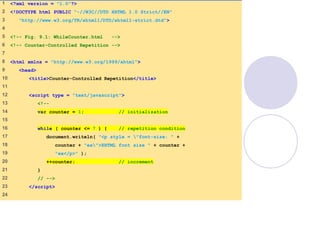 WhileCounter.html
(1 of 2)
1 <?xml version = "1.0"?>
2 <!DOCTYPE html PUBLIC "-//W3C//DTD XHTML 1.0 Strict//EN"
3 "http://www.w3.org/TR/xhtml1/DTD/xhtml1-strict.dtd">
4
5 <!-- Fig. 9.1: WhileCounter.html -->
6 <!-- Counter-Controlled Repetition -->
7
8 <html xmlns = "http://www.w3.org/1999/xhtml">
9 <head>
10 <title>Counter-Controlled Repetition</title>
11
12 <script type = "text/javascript">
13 <!--
14 var counter = 1; // initialization
15
16 while ( counter <= 7 ) { // repetition condition
17 document.writeln( "<p style = "font-size: " +
18 counter + "ex">XHTML font size " + counter +
19 "ex</p>" );
20 ++counter; // increment
21 }
22 // -->
23 </script>
24
 