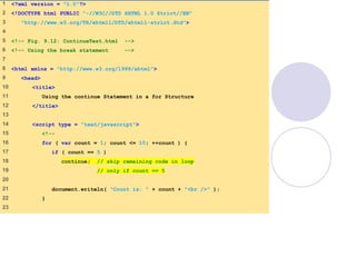 ContinueTest.html
(1 of 2)
1 <?xml version = "1.0"?>
2 <!DOCTYPE html PUBLIC "-//W3C//DTD XHTML 1.0 Strict//EN"
3 "http://www.w3.org/TR/xhtml1/DTD/xhtml1-strict.dtd">
4
5 <!-- Fig. 9.12: ContinueTest.html -->
6 <!-- Using the break statement -->
7
8 <html xmlns = "http://www.w3.org/1999/xhtml">
9 <head>
10 <title>
11 Using the continue Statement in a for Structure
12 </title>
13
14 <script type = "text/javascript">
15 <!--
16 for ( var count = 1; count <= 10; ++count ) {
17 if ( count == 5 )
18 continue; // skip remaining code in loop
19 // only if count == 5
20
21 document.writeln( "Count is: " + count + "<br />" );
22 }
23
 