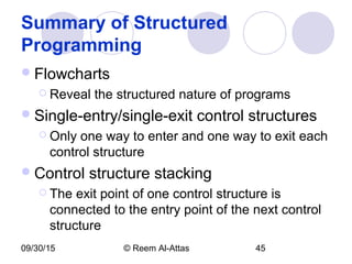 09/30/15 © Reem Al-Attas 45
Summary of Structured
Programming
Flowcharts
 Reveal the structured nature of programs
Single-entry/single-exit control structures
 Only one way to enter and one way to exit each
control structure
Control structure stacking
 The exit point of one control structure is
connected to the entry point of the next control
structure
 