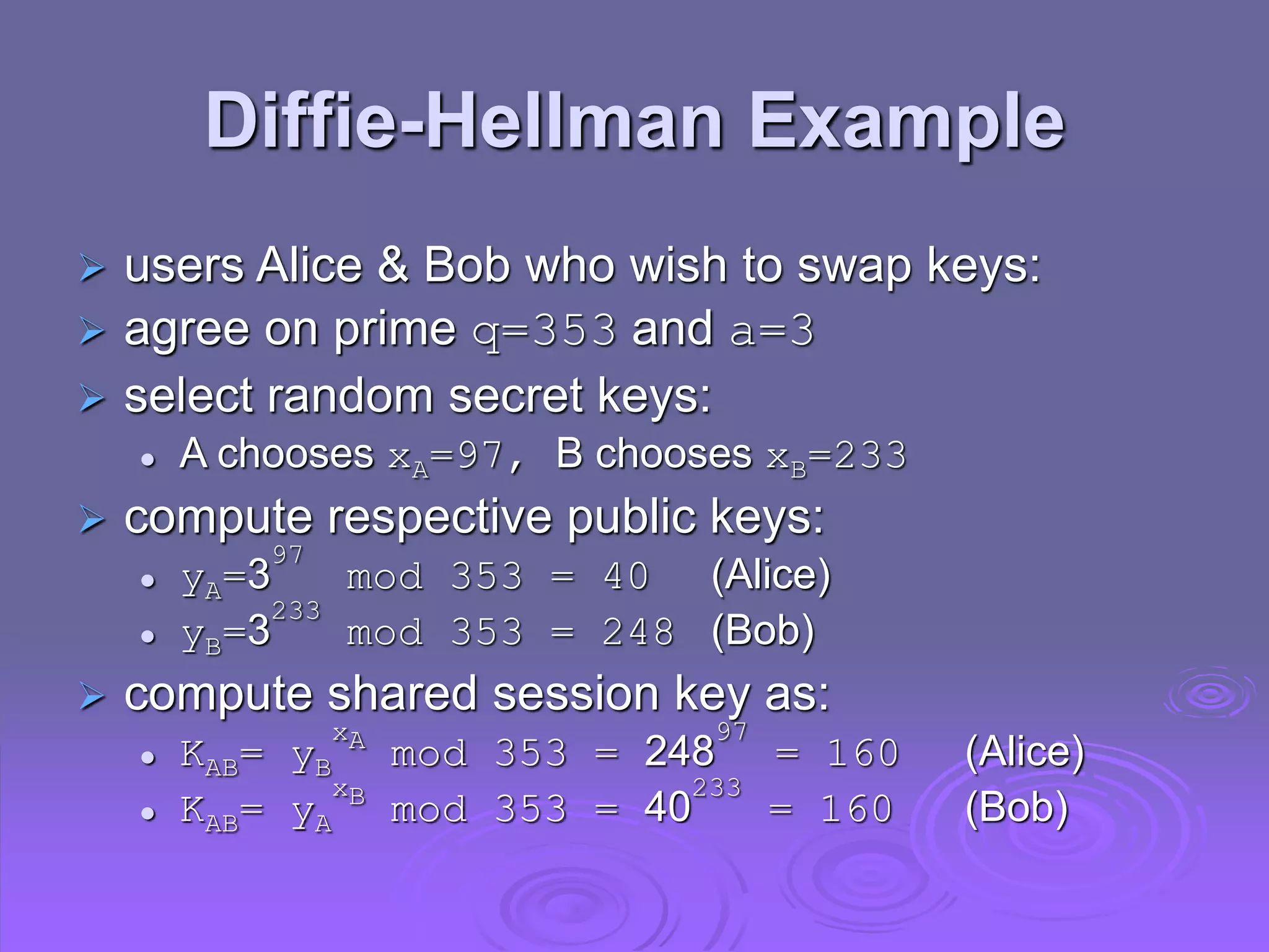 Diffie-Hellman Example
 users Alice & Bob who wish to swap keys:
 agree on prime q=353 and a=3
 select random secret keys:
 A chooses xA=97, B chooses xB=233
 compute respective public keys:
 yA=3
97
mod 353 = 40 (Alice)
 yB=3
233
mod 353 = 248 (Bob)
 compute shared session key as:
 KAB= yB
xA
mod 353 = 248
97
= 160 (Alice)
 KAB= yA
xB
mod 353 = 40
233
= 160 (Bob)
 