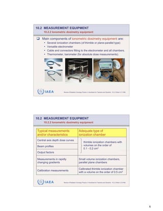 10.2 MEASUREMENT EQUIPMENT
     10.2.2 Ionometric dosimetry equipment

    Main components of ionometric dosimetry equipment are:
     •   Several ionization chambers (of thimble or plane-parallel type)
     •   Versatile electrometer
     •   Cable and connectors fitting to the electrometer and all chambers.
     •   Thermometer, barometer (for absolute dose measurements).




      IAEA             Review of Radiation Oncology Physics: A Handbook for Teachers and Students - 10.2.2 Slide 2 (11/189)




10.2 MEASUREMENT EQUIPMENT
     10.2.2 Ionometric dosimetry equipment


Typical measurements                           Adequate type of
and/or characteristics                         ionization chamber
Central axis depth dose curves
                                                      thimble ionization chambers with
Beam profiles                                         volumes on the order of
                                                      0.1 - 0.2 cm3
Output factors

Measurements in rapidly                        Small volume ionization chambers,
changing gradients                             parallel plane chambers

                                               Calibrated thimble ionization chamber
Calibration measurements
                                               with a volume on the order of 0.5 cm3


      IAEA             Review of Radiation Oncology Physics: A Handbook for Teachers and Students - 10.2.2 Slide 3 (12/189)




                                                                                                                              6
 
