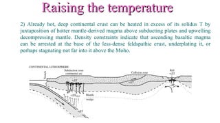 Raising the temperatureRaising the temperature
2) Already hot, deep continental crust can be heated in excess of its solidus T by
juxtaposition of hotter mantle-derived magma above subducting plates and upwelling
decompressing mantle. Density constraints indicate that ascending basaltic magma
can be arrested at the base of the less-dense feldspathic crust, underplating it, or
perhaps stagnating not far into it above the Moho.
 
