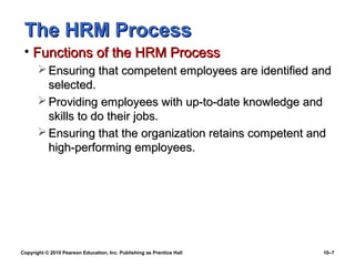 The HRM Process
 • Functions of the HRM Process
        Ensuring that competent employees are identified and
         selected.
        Providing employees with up-to-date knowledge and
         skills to do their jobs.
        Ensuring that the organization retains competent and
         high-performing employees.




Copyright © 2010 Pearson Education, Inc. Publishing as Prentice Hall   10–7
 