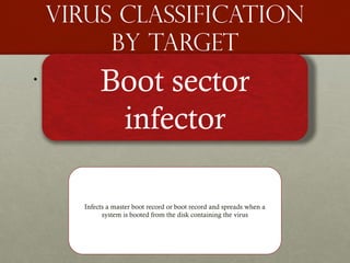 Virus Classification
by target
• Includes the following categories:
Boot sector
infector
Infects a master boot record or boot record and spreads when a
system is booted from the disk containing the virus
 