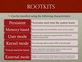 rootkits
• Can be classified using the following characteristics:
•Activates each time the system boots
Persistent
•Has no persistent code and therefore cannot survive a reboot
Memory based
•Intercepts calls to application program interfaces (APIs) and
modifies returned results
User mode
•Can intercept calls to native APIs in kernel mode
Kernel mode
•Installs a lightweight virtual machine monitor and then runs the
operating system in a virtual machine above it
Virtual machine based
•Malware is located outside the normal operation mode of the targeted system,
in BIOS or system management mode, where it can directly access hardware
External mode
 