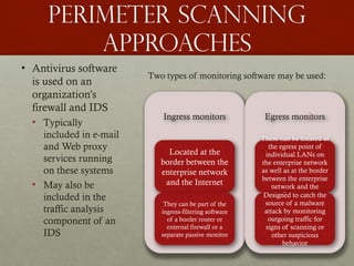 Perimeter scanning
approaches
• Antivirus software
is used on an
organization’s
firewall and IDS
• Typically
included in e-mail
and Web proxy
services running
on these systems
• May also be
included in the
traffic analysis
component of an
IDS
Ingress monitors
Located at the
border between the
enterprise network
and the Internet
They can be part of the
ingress-filtering software
of a border router or
external firewall or a
separate passive monitor
Egress monitors
These can be located at
the egress point of
individual LANs on
the enterprise network
as well as at the border
between the enterprise
network and the
Internet
Designed to catch the
source of a malware
attack by monitoring
outgoing traffic for
signs of scanning or
other suspicious
behavior
Two types of monitoring software may be used:
 