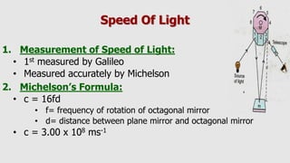 Speed Of Light
1. Measurement of Speed of Light:
• 1st measured by Galileo
• Measured accurately by Michelson
2. Michelson’s Formula:
• c = 16fd
• f= frequency of rotation of octagonal mirror
• d= distance between plane mirror and octagonal mirror
• c = 3.00 x 108 ms-1
 