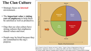 The Clan Culture
• Strategic focus on internal
environment .
• The important value is taking
care of employees to help them
be satisfied as well as productive.
• Orgs that use clan culture have
strong cultures that emphasize
shared values and trust.
• People may be hired because they
are committed to the org’s
purpose.
 