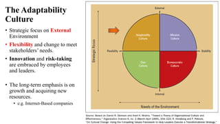 The Adaptability
Culture
• Strategic focus on External
Environment
• Flexibility and change to meet
stakeholders’ needs.
• Innovation and risk-taking
are embraced by employees
and leaders.
• The long-term emphasis is on
growth and acquiring new
resources.
• e.g. Internet-Based companies
 