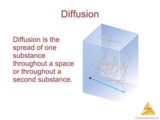 Diffusion Diffusion is the spread of one substance throughout a space or throughout a second substance. 