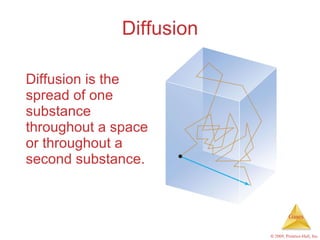 Diffusion <ul><li>Diffusion is the spread of one substance throughout a space or throughout a second substance. </li></ul>
