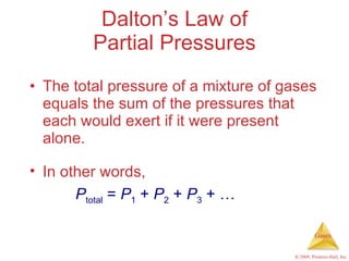Dalton’s Law of Partial Pressures The total pressure of a mixture of gases equals the sum of the pressures that each would exert if it were present alone. In other words, P total  =  P 1  +  P 2  +  P 3  + … 