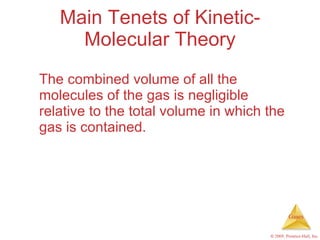 Main Tenets of Kinetic-Molecular Theory The combined volume of all the molecules of the gas is negligible relative to the total volume in which the gas is contained. 
