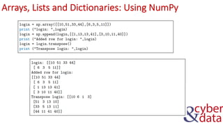 Arrays, Lists and Dictionaries: Using NumPy
 