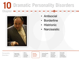 Odd or EccentricPersonality DisordersPersonalityDisorders:Causes andPreventionPersonalityDisorders:Assessmentand TreatmentOrganization of Personality DisordersDramatic Personality DisordersAnxious/FearfulPersonalityDisordersAntisocialBorderlineHistrionicNarcissistic