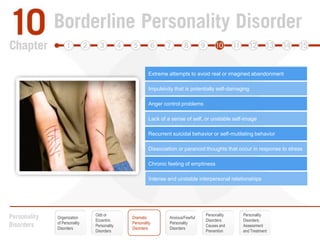 Extreme attempts to avoid real or imagined abandonmentImpulsivity that is potentially self-damagingAnger control problemsLack of a sense of self, or unstable self-imageRecurrent suicidal behavior or self-mutilating behaviorDissociation or paranoid thoughts that occur in response to stressChronic feeling of emptinessIntense and unstable interpersonal relationshipsOdd or EccentricPersonality DisordersPersonalityDisorders:Causes andPreventionPersonalityDisorders:Assessmentand TreatmentOrganization of Personality DisordersDramatic Personality DisordersAnxious/FearfulPersonalityDisorders