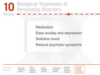 MedicationEase anxiety and depressionStabilize moodReduce psychotic symptomsOdd or EccentricPersonality DisordersPersonalityDisorders:Causes andPreventionPersonalityDisorders:Assessmentand TreatmentOrganization of Personality DisordersDramatic Personality DisordersAnxious/FearfulPersonalityDisorders
