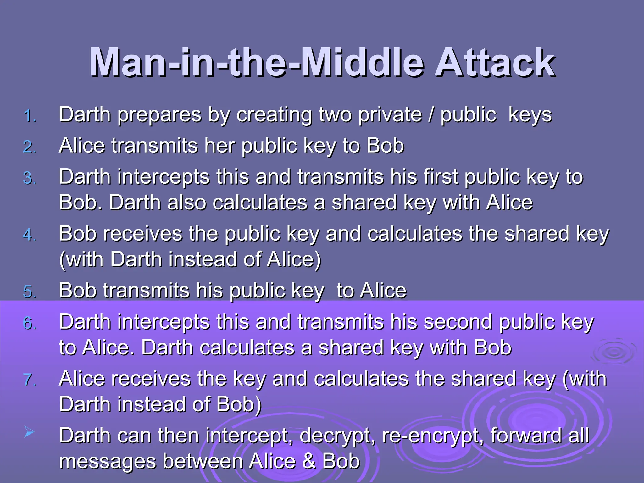 Man-in-the-Middle Attack
Man-in-the-Middle Attack
1.
1. Darth prepares by creating two private / public keys
Darth prepares by creating two private / public keys
2.
2. Alice transmits her public key to Bob
Alice transmits her public key to Bob
3.
3. Darth intercepts this and transmits his first public key to
Darth intercepts this and transmits his first public key to
Bob. Darth also calculates a shared key with Alice
Bob. Darth also calculates a shared key with Alice
4.
4. Bob receives the public key and calculates the shared key
Bob receives the public key and calculates the shared key
(with Darth instead of Alice)
(with Darth instead of Alice)
5.
5. Bob transmits his public key to Alice
Bob transmits his public key to Alice
6.
6. Darth intercepts this and transmits his second public key
Darth intercepts this and transmits his second public key
to Alice. Darth calculates a shared key with Bob
to Alice. Darth calculates a shared key with Bob
7.
7. Alice receives the key and calculates the shared key (with
Alice receives the key and calculates the shared key (with
Darth instead of Bob)
Darth instead of Bob)
 Darth can then intercept, decrypt, re-encrypt, forward all
Darth can then intercept, decrypt, re-encrypt, forward all
messages between Alice & Bob
messages between Alice & Bob
 