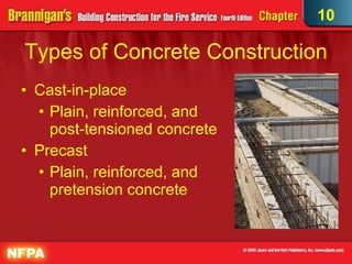 Types of Concrete Construction Cast-in-place Plain, reinforced, and  post-tensioned concrete Precast Plain, reinforced, and  pretension concrete 10 