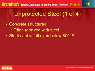 Unprotected Steel (1 of 4)‏ Concrete structures Often repaired with steel Steel cables fail even below 800°F 10 