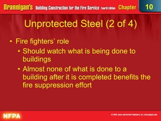 Unprotected Steel (2 of 4)‏ Fire fighters’ role Should watch what is being done to buildings  Almost none of what is done to a building after it is completed benefits the fire suppression effort 10 
