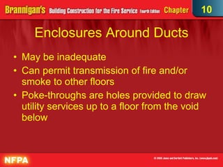 Enclosures Around Ducts May be inadequate Can permit transmission of fire and/or smoke to other floors Poke-throughs are holes provided to draw utility services up to a floor from the void below 10 